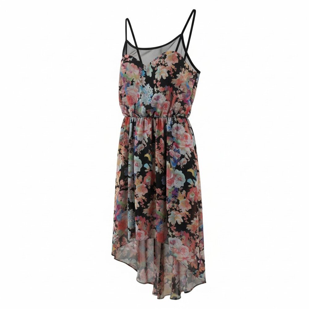 Floral High Low Chiffon Dress Spaghetti Strap Fit & Flare Wedding Guest Party